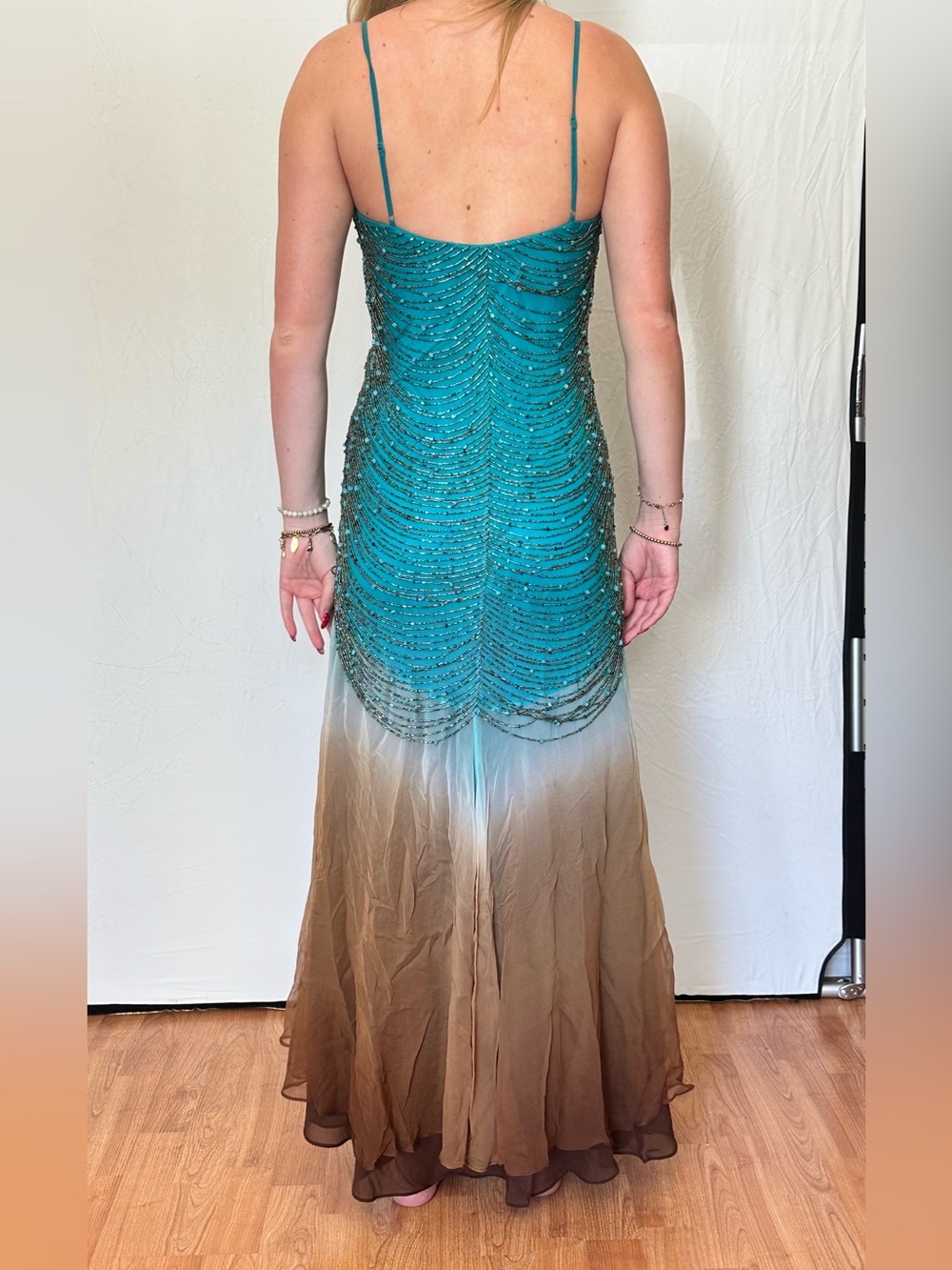 Sue Wong Teal Beaded High-Low Ombre Gown - Picture 2 of 3
